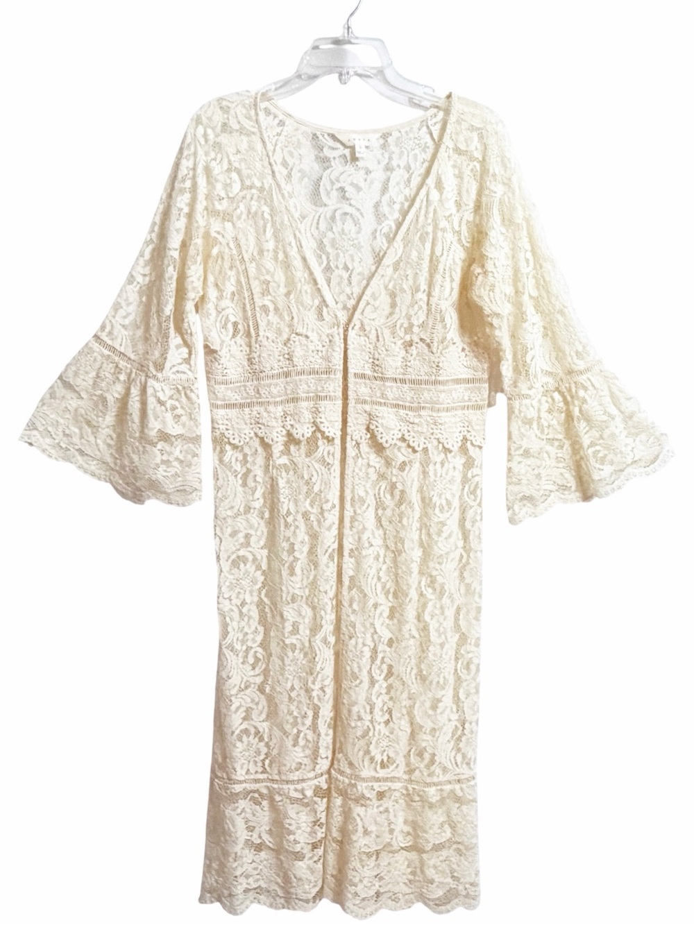 Adiva Fairy Lace Bell Sleeve Midi Duster Womens L Cream Crochet Boho Festival